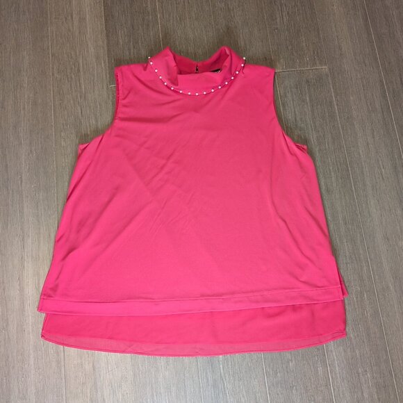 Karl Lagerfeld, High Collar Sleeveless Blouse, Pearl Details, Red, Sz XL - Picture 2 of 10